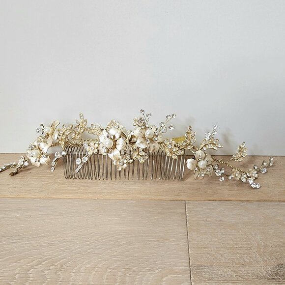 Gold Flower Woodland Pearl Wedding Tiara Hand Made Bridal Hair Piece Tessa Kim main image 6